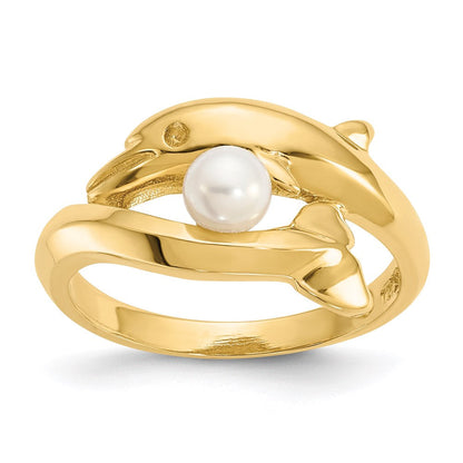14K Gelbgold Ring poliert mit Delfin und FW-Zuchtperle