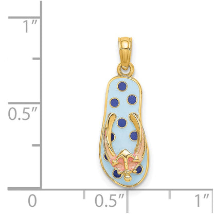 14 Karat Gelbgold 3D-Emaille-Anker auf Flip-Flop-Charm mit blauen Polka-Dots