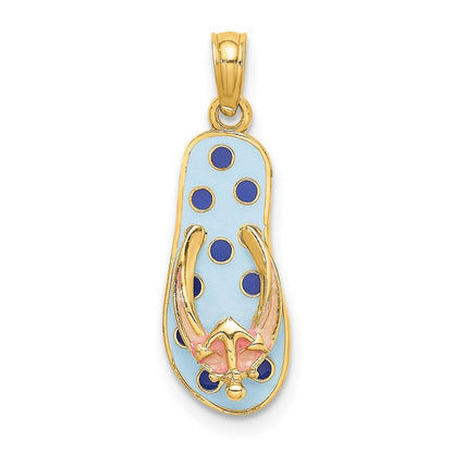 14 Karat Gelbgold 3D-Emaille-Anker auf Flip-Flop-Charm mit blauen Polka-Dots