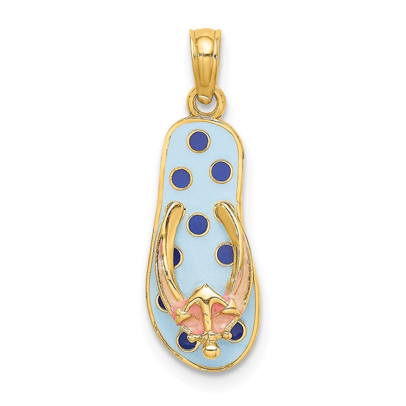 14 Karat Gelbgold 3D-Emaille-Anker auf Flip-Flop-Charm mit blauen Polka-Dots