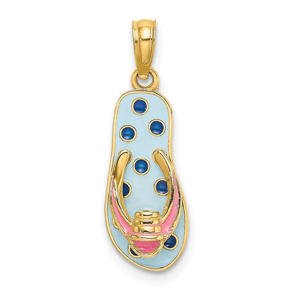 14K Gelbgold Zehentrenner-Charm mit 3D-Emaille-Eimer auf blauem Punktmuster