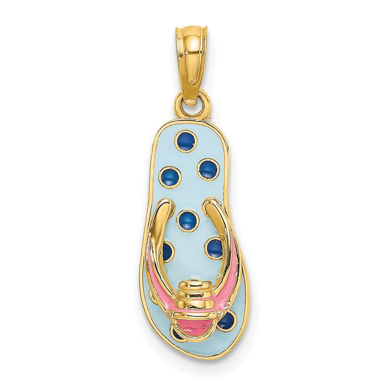 14K Gelbgold Zehentrenner-Charm mit 3D-Emaille-Eimer auf blauem Punktmuster