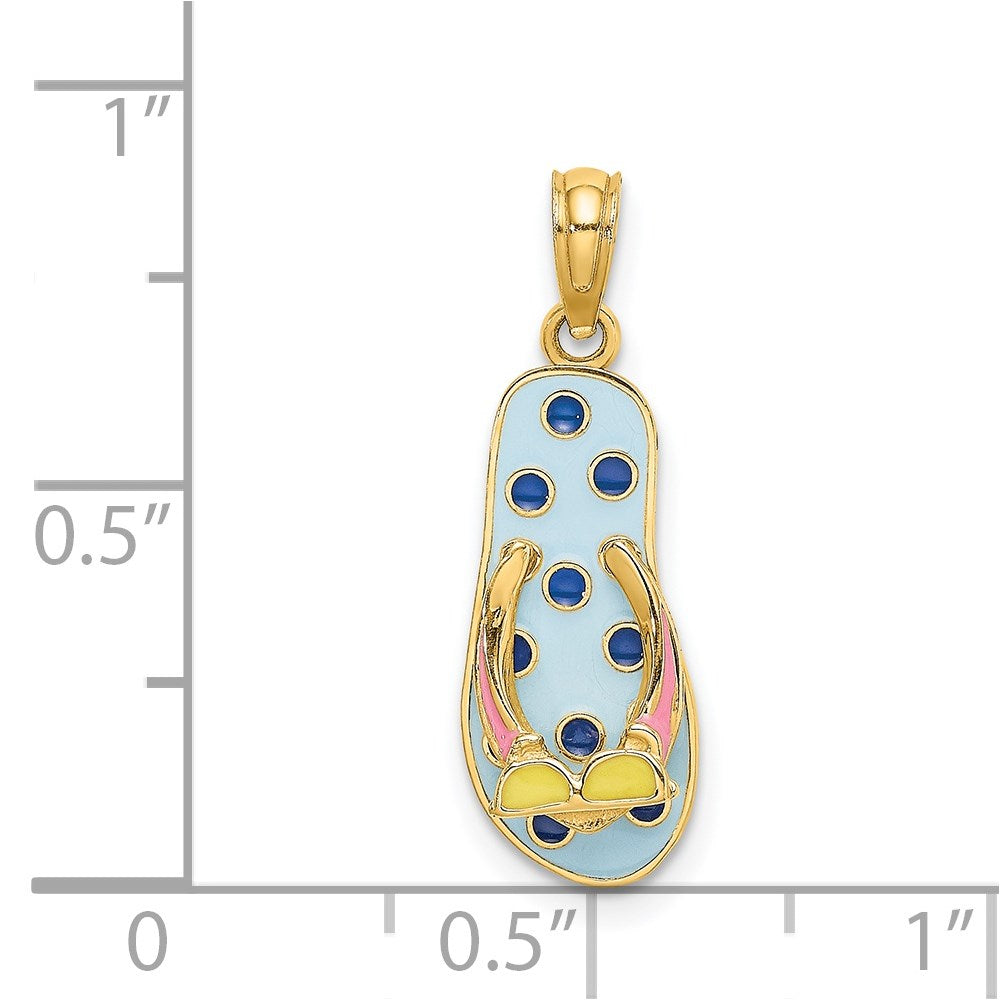 14K Gelbgold 3D-Emaille-Sonnenbrille auf blau gepunktetem Flip-Flop-Charm