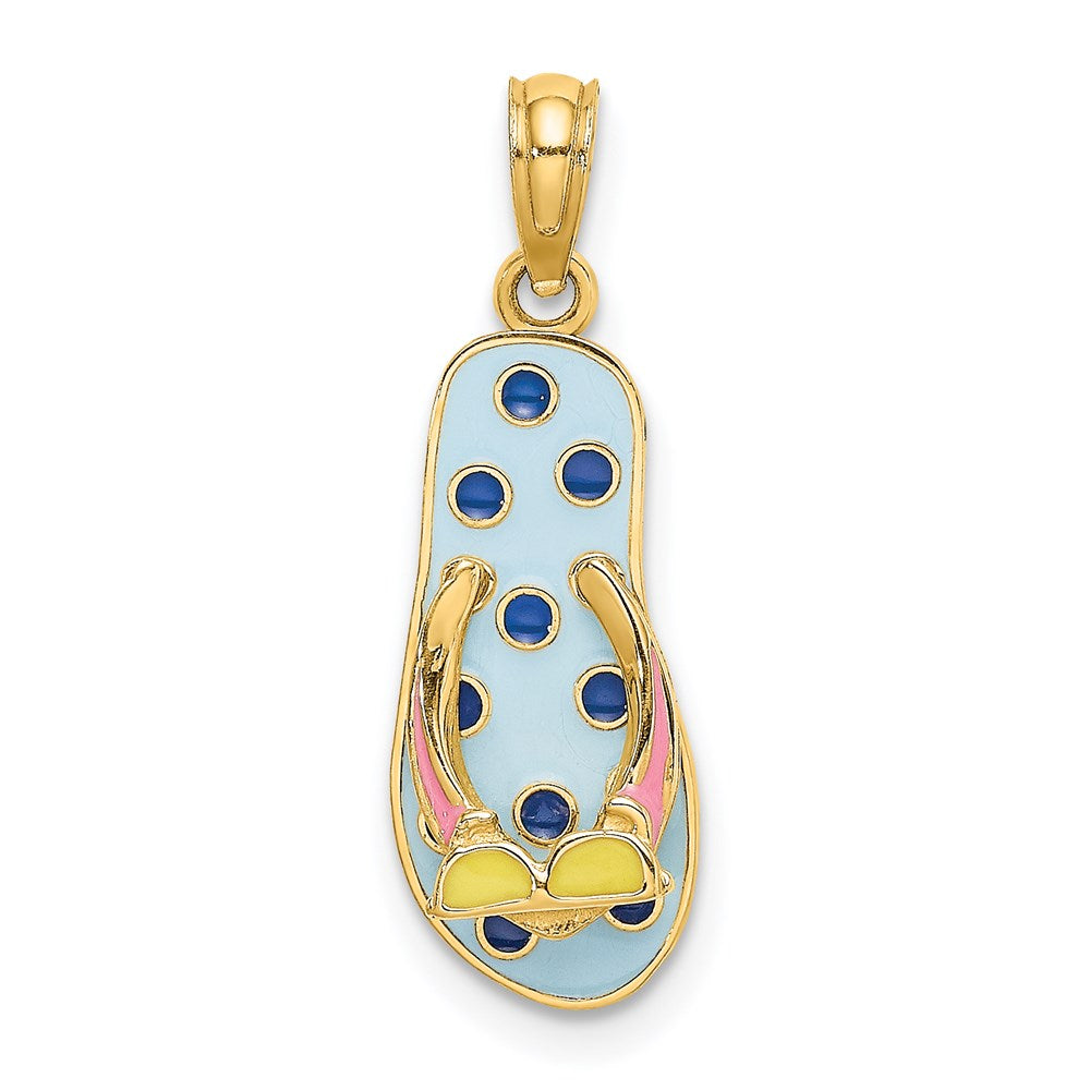 14K Gelbgold 3D-Emaille-Sonnenbrille auf blau gepunktetem Flip-Flop-Charm