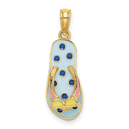 14K Gelbgold 3D-Emaille-Sonnenbrille auf blau gepunktetem Flip-Flop-Charm