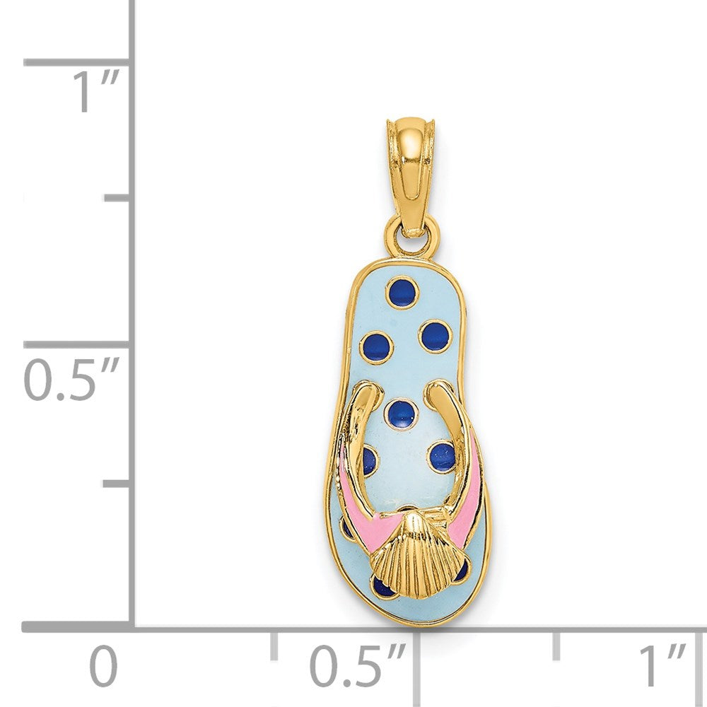 14K Gelbgold 3D-Emaille-Muschel auf blauem Polka-Dot-Flip-Flop-Charm