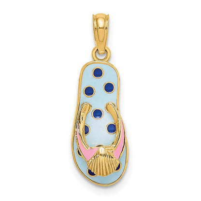 14K Gelbgold 3D-Emaille-Muschel auf blauem Polka-Dot-Flip-Flop-Charm