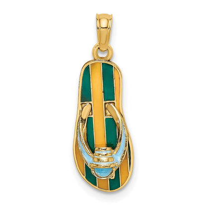14K Gelbgold 3D-Emaille-Eimer-Charm auf gestreiftem Flip-Flop