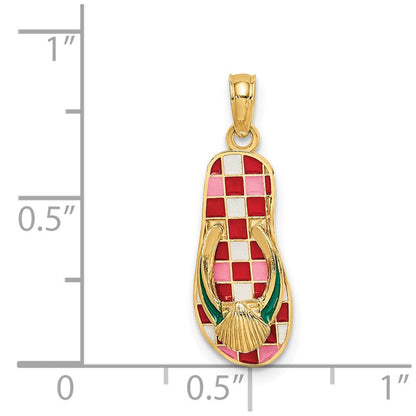 14K Gelbgold 3D-Emaille-Muschel-Charm auf rot kariertem Flip-Flop