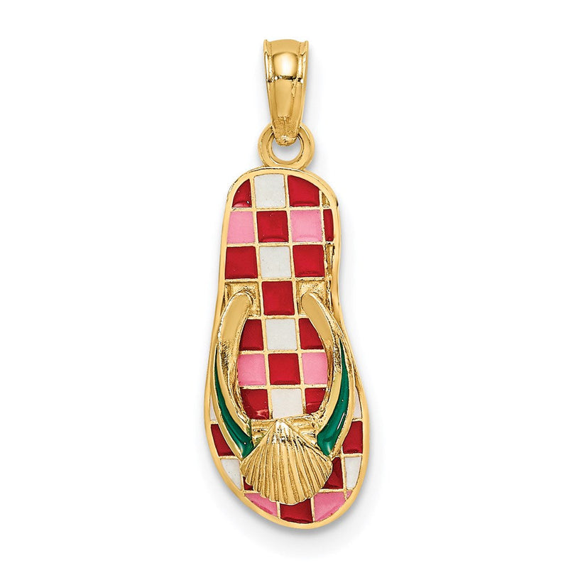 14K Gelbgold 3D-Emaille-Muschel-Charm auf rot kariertem Flip-Flop