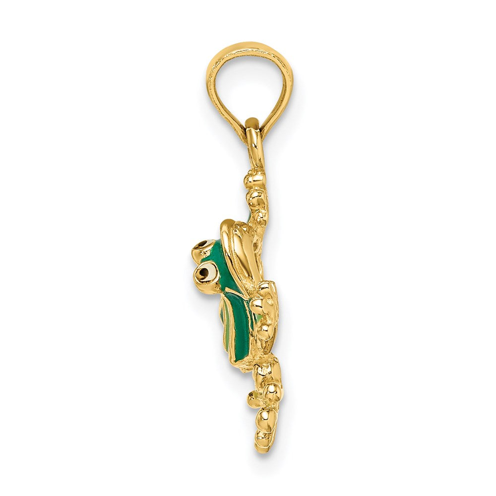 14 Karat Gelbgold Grüner Emaillierter 2-D Kleiner Frosch-Charm