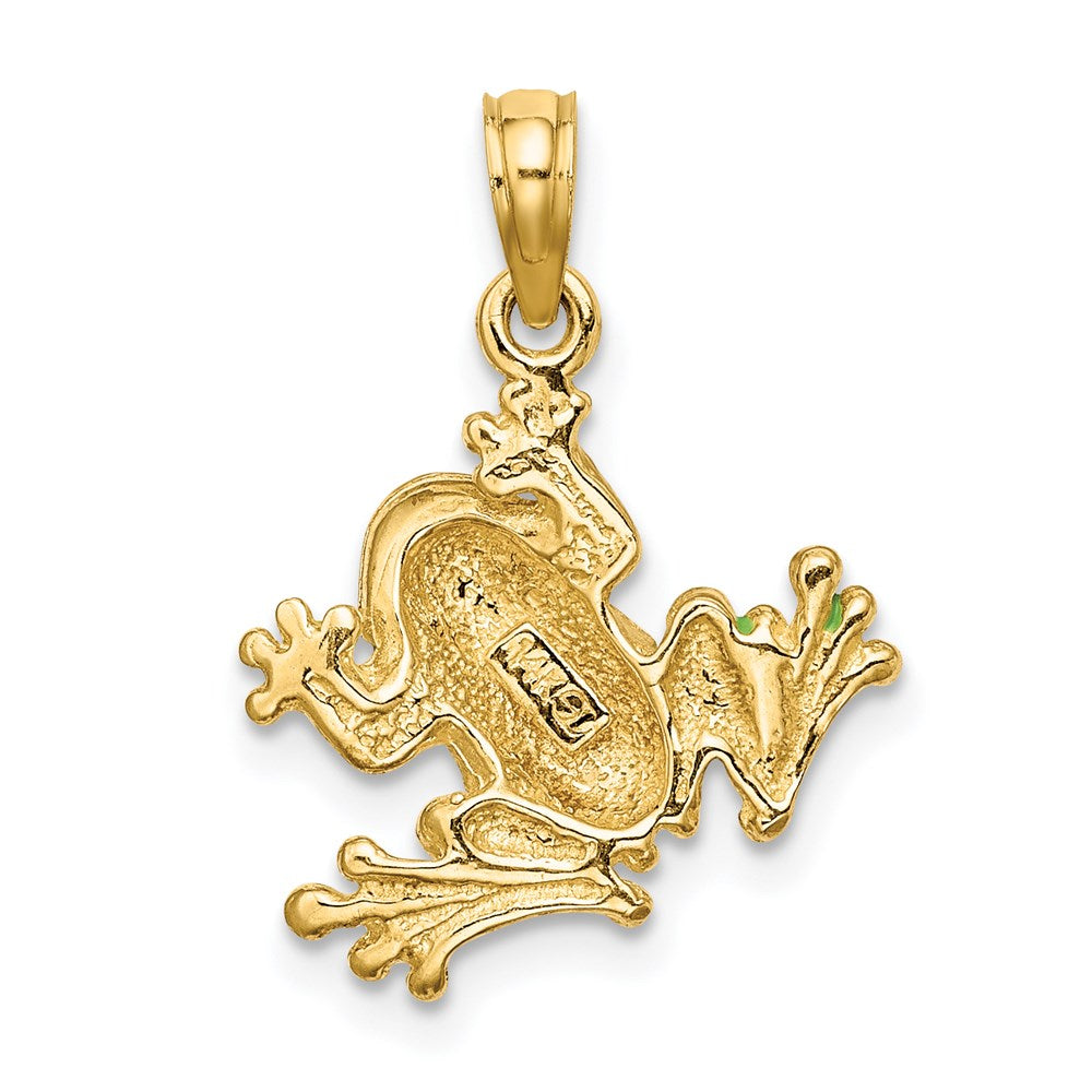 14 Karat Gelbgold Grüner Emaillierter 2-D Kleiner Frosch-Charm