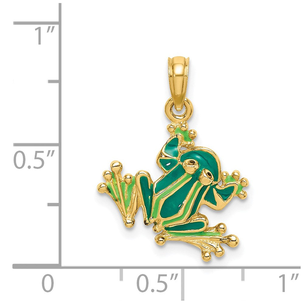 14 Karat Gelbgold Grüner Emaillierter 2-D Kleiner Frosch-Charm