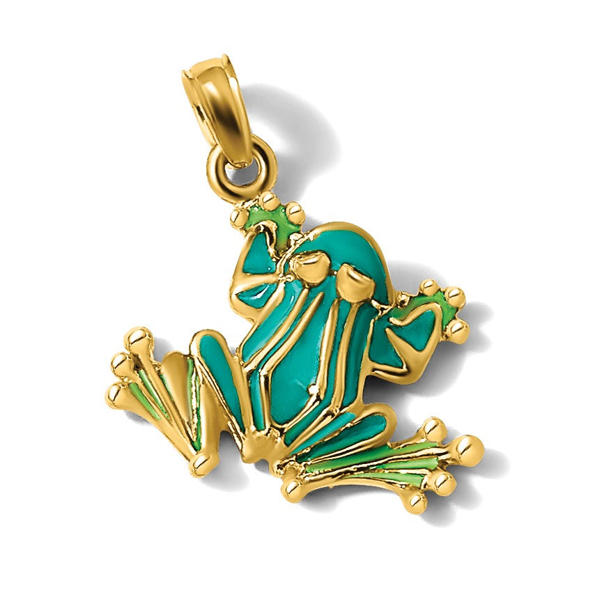 14 Karat Gelbgold Grüner Emaillierter 2-D Kleiner Frosch-Charm