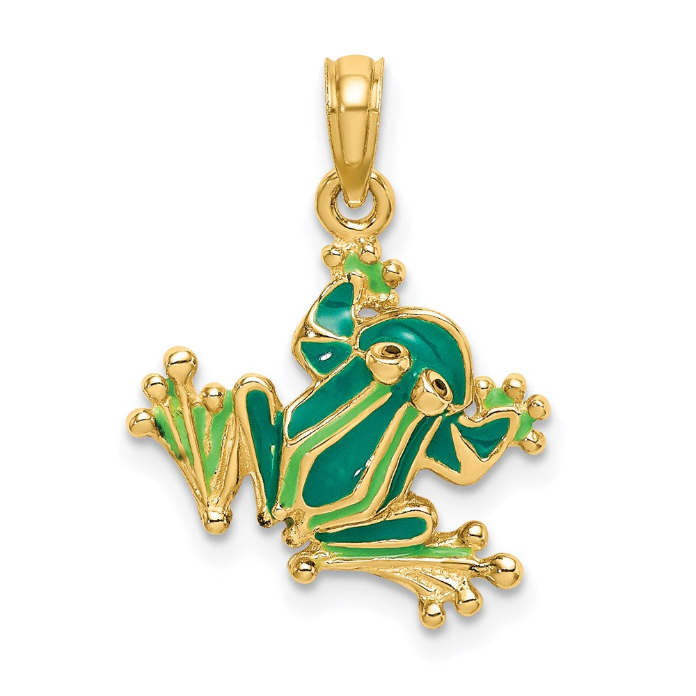 14 Karat Gelbgold Grüner Emaillierter 2-D Kleiner Frosch-Charm