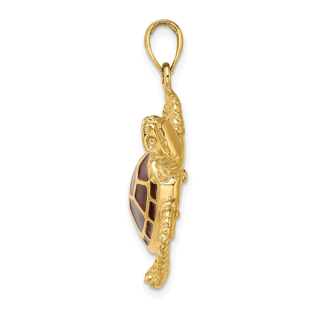 14K Gelbgold 3-D Meeresschildkröten-Charm mit brauner Emaille, groß