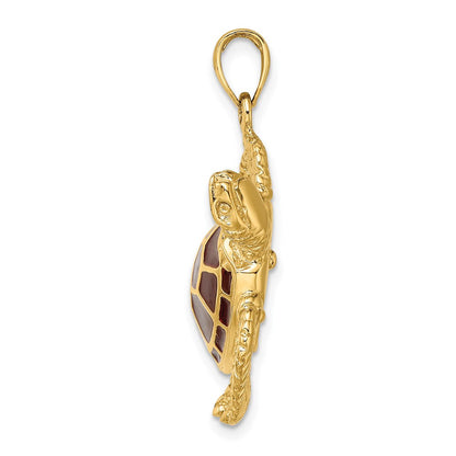 14K Gelbgold 3-D Meeresschildkröten-Charm mit brauner Emaille, groß