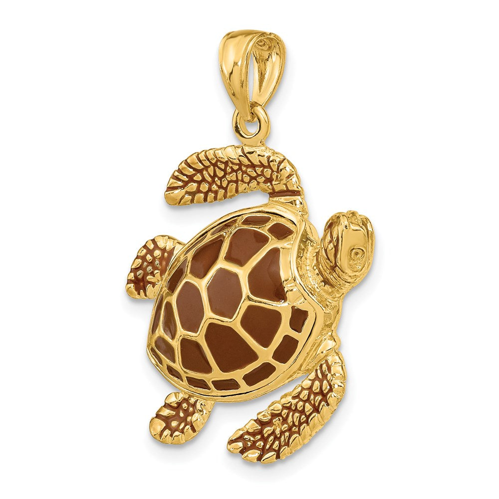 14K Gelbgold 3-D Meeresschildkröten-Charm mit brauner Emaille, groß