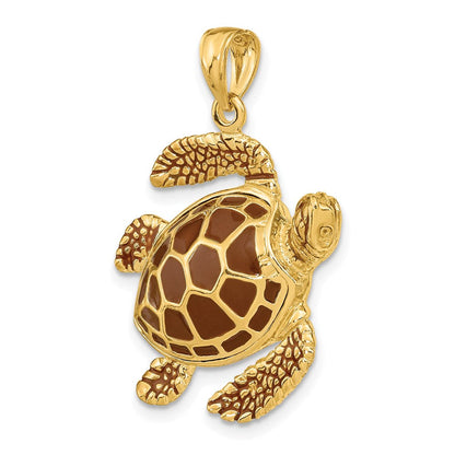 14K Gelbgold 3-D Meeresschildkröten-Charm mit brauner Emaille, groß