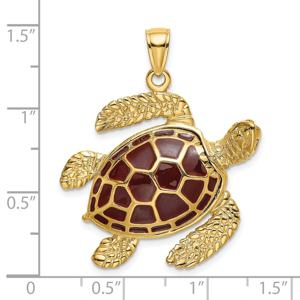 14K Gelbgold 3-D Meeresschildkröten-Charm mit brauner Emaille, groß