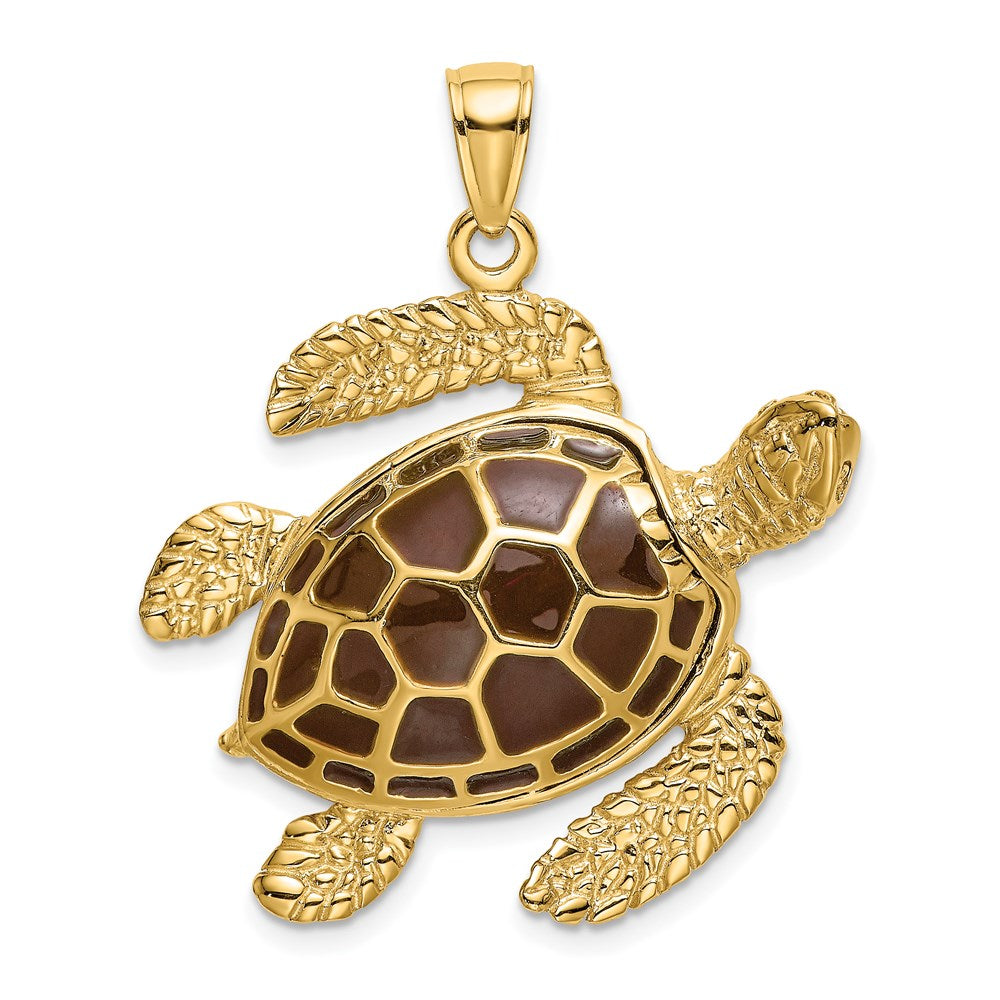 14K Gelbgold 3-D Meeresschildkröten-Charm mit brauner Emaille, groß