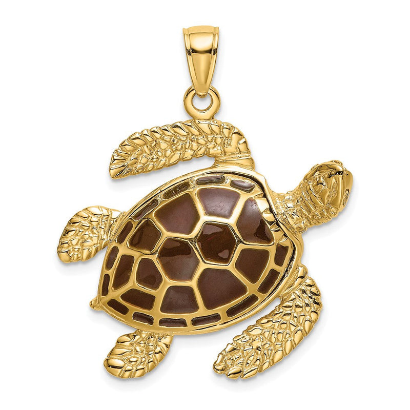 14K Gelbgold 3-D Meeresschildkröten-Charm mit brauner Emaille, groß
