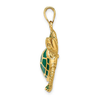 14 Karat Gelbgold 3-D Meeresschildkröten-Charm groß mit grüner Emaille