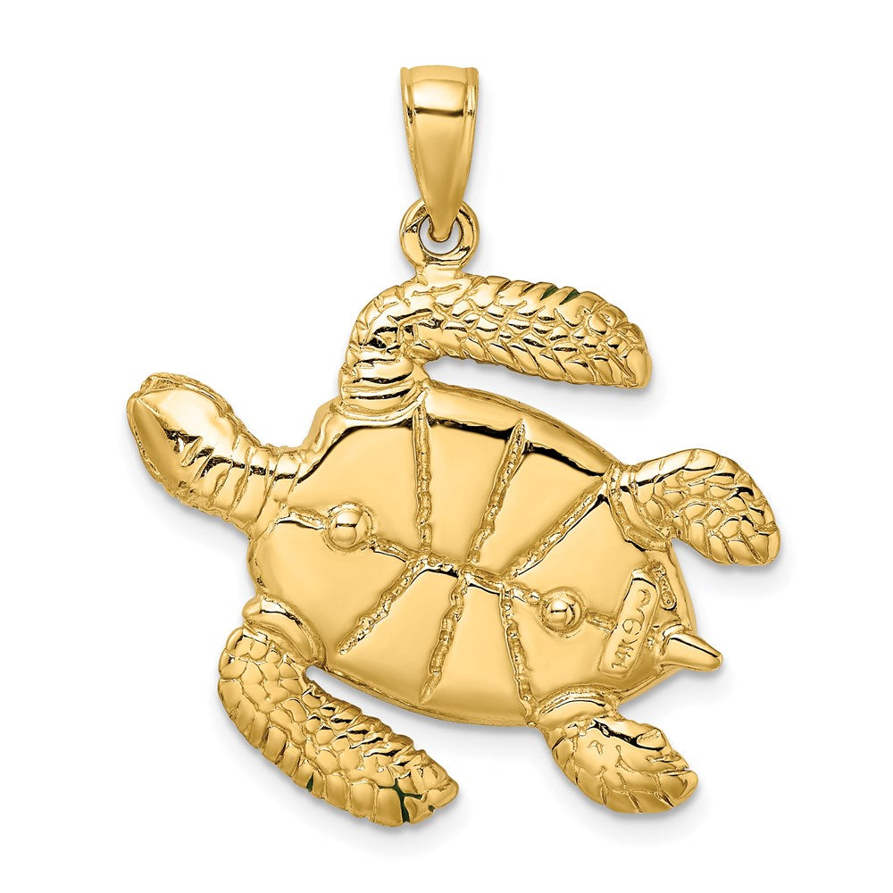 14 Karat Gelbgold 3-D Meeresschildkröten-Charm groß mit grüner Emaille