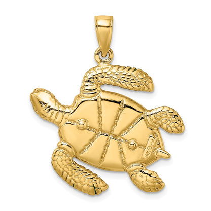 14 Karat Gelbgold 3-D Meeresschildkröten-Charm groß mit grüner Emaille
