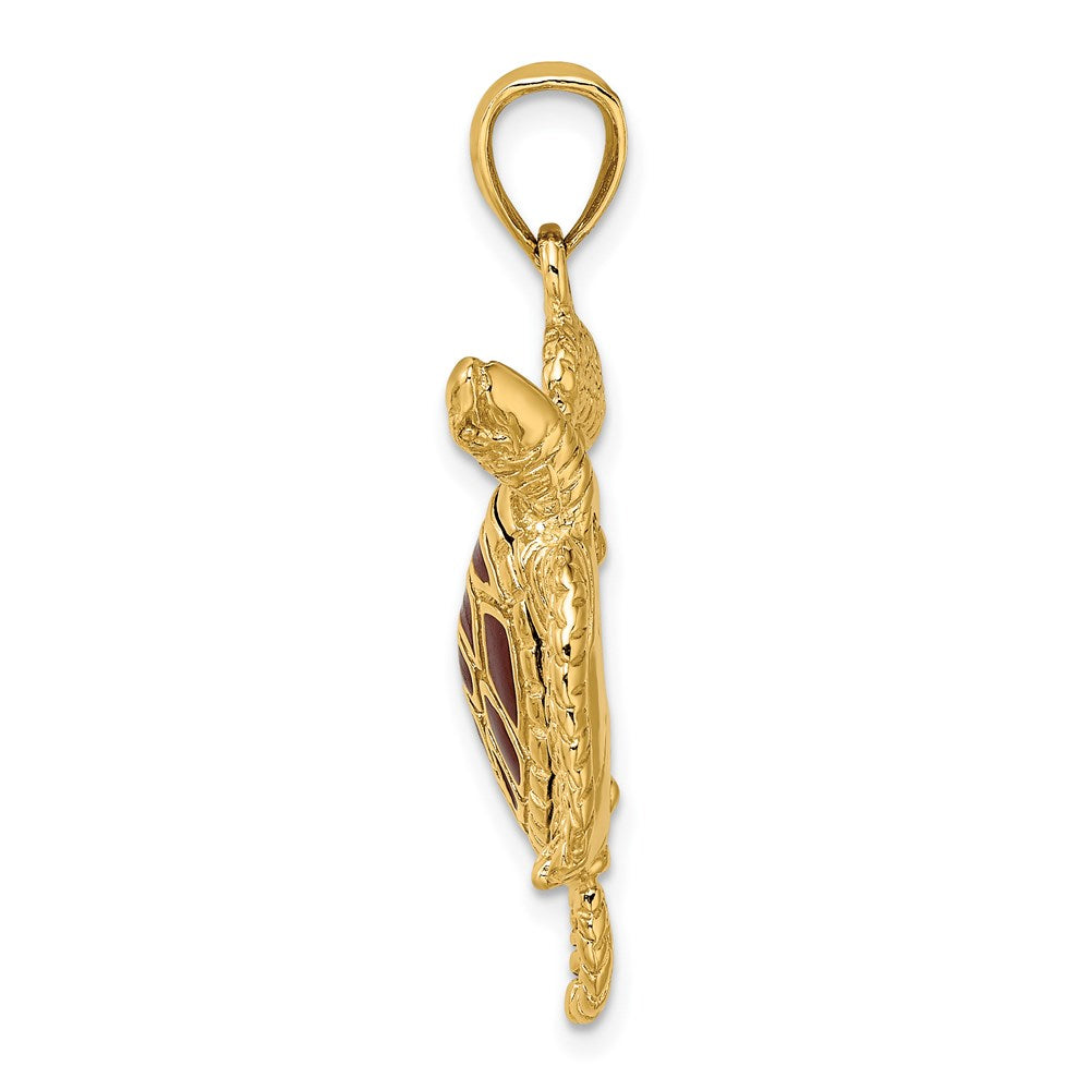 14K Gelbgold 3-D Meeresschildkröten-Charm mit brauner strukturierter Emaille