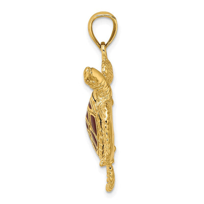 14K Gelbgold 3-D Meeresschildkröten-Charm mit brauner strukturierter Emaille