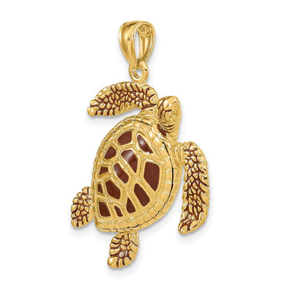 14K Gelbgold 3-D Meeresschildkröten-Charm mit brauner strukturierter Emaille