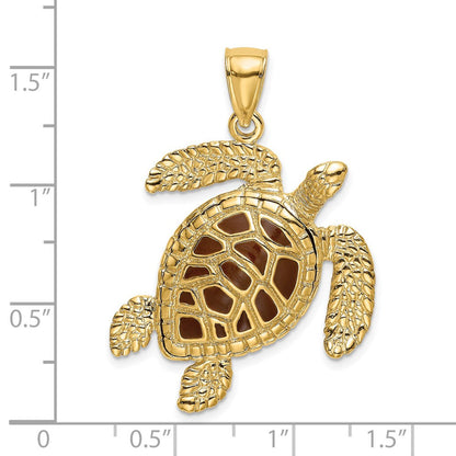 14K Gelbgold 3-D Meeresschildkröten-Charm mit brauner strukturierter Emaille