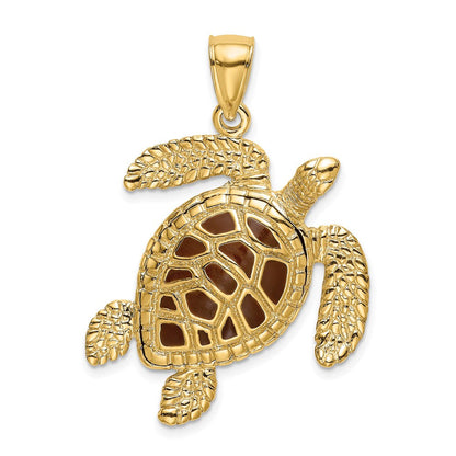 14K Gelbgold 3-D Meeresschildkröten-Charm mit brauner strukturierter Emaille