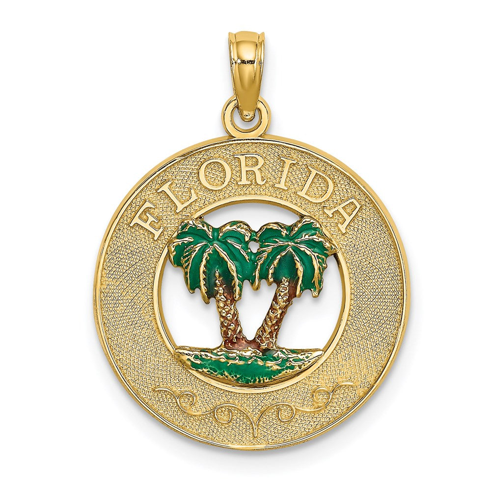 14K Gelbgold Florida-Emaille-Palmen-Kreis-Charm