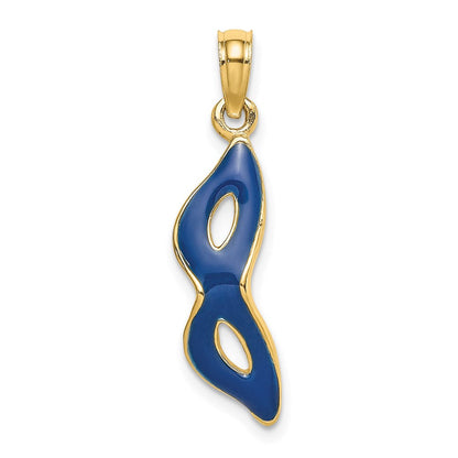 14K Gelbgold 3-d und Abgeschrägt mit Blau Emaille Masquerade Mask Anhänger
