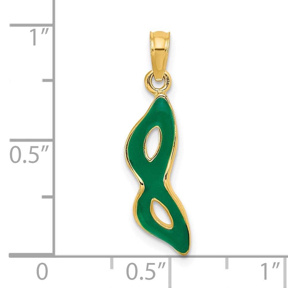 14K Gelbgold 3-d und Abgeschrägt mit Grün Emaille Masquerade Mask Anhänger