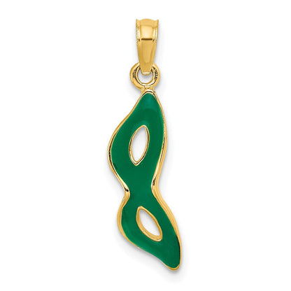 14K Gelbgold 3-d und Abgeschrägt mit Grün Emaille Masquerade Mask Anhänger