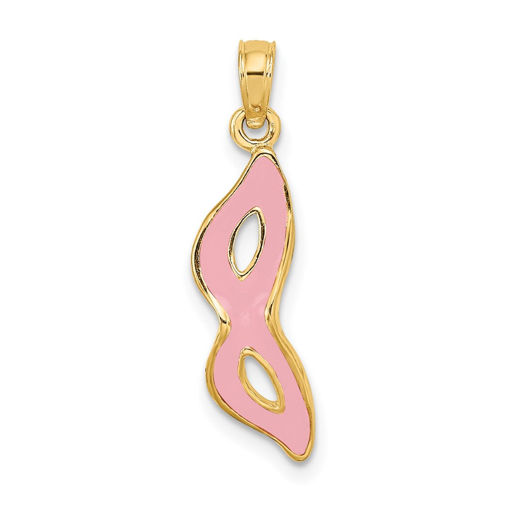 14K Gelbgold 3-d und Abgeschrägt mit Rosa Emaille Masquerade Mask Anhänger