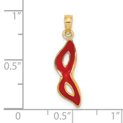14K Gelbgold 3-d und Abgeschrägt mit Rot Emaille Masquerade Mask Anhänger