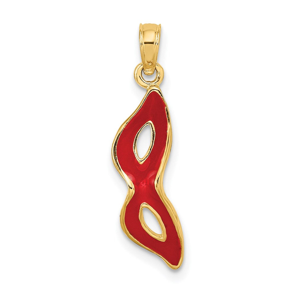 14K Gelbgold 3-d und Abgeschrägt mit Rot Emaille Masquerade Mask Anhänger