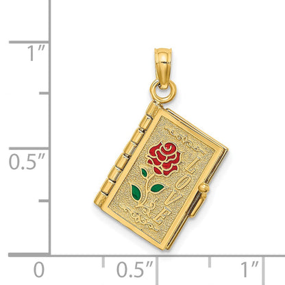 14K Gelbgold emailliertes 3D bewegliches LIEBE Blumenbuch-Anhänger