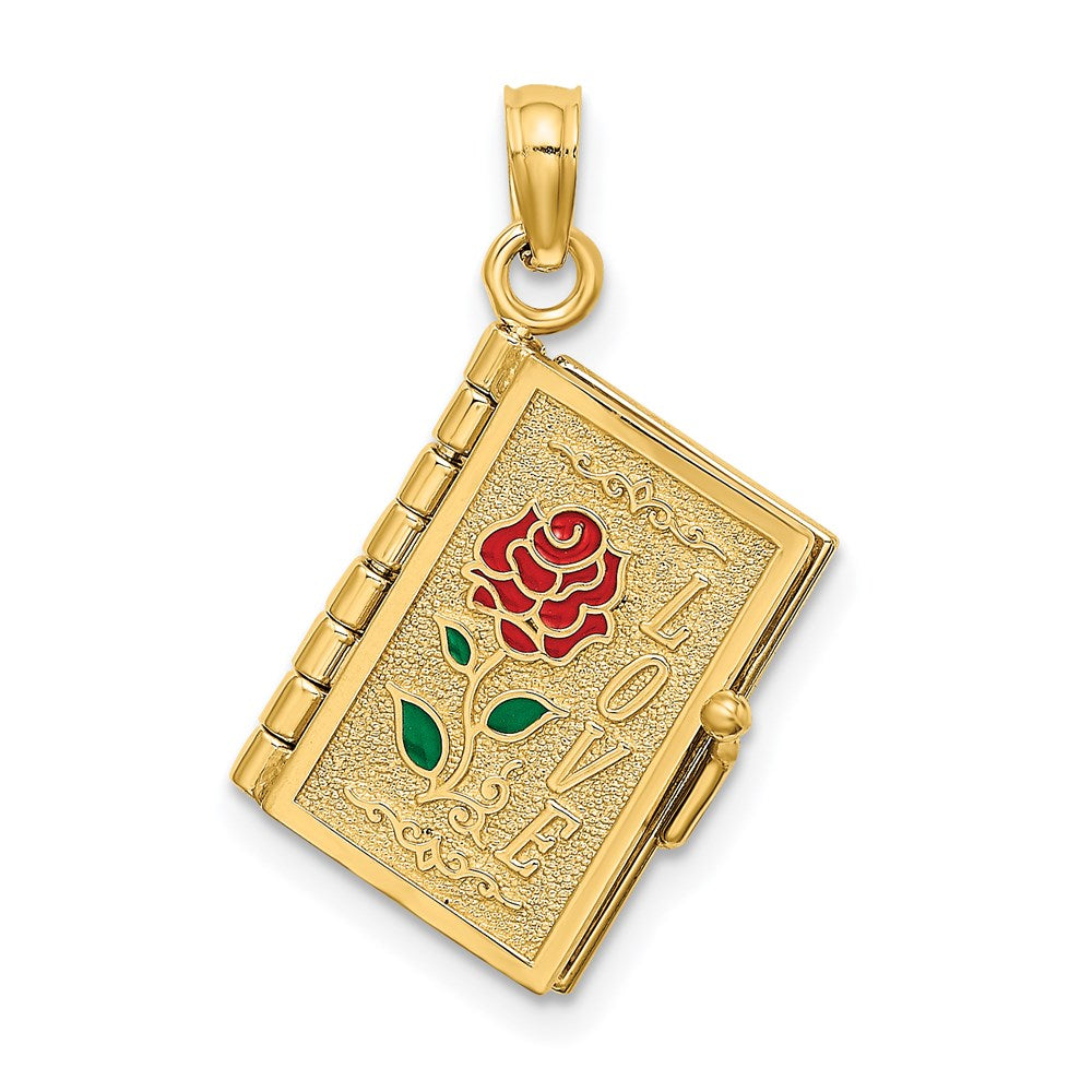 14K Gelbgold emailliertes 3D bewegliches LIEBE Blumenbuch-Anhänger
