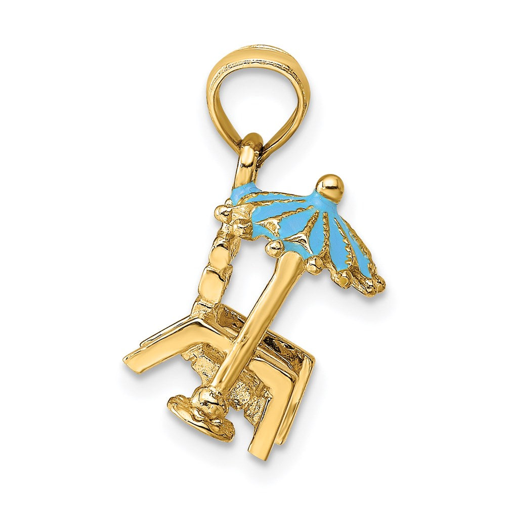 14 Karat Gelbgold 3-D Strandstuhl-Charm mit türkisfarbenem emailliertem Sonnenschirm
