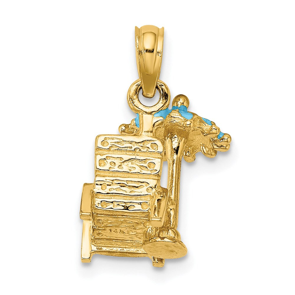14 Karat Gelbgold 3-D Strandstuhl-Charm mit türkisfarbenem emailliertem Sonnenschirm