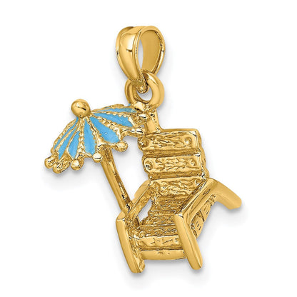 14 Karat Gelbgold 3-D Strandstuhl-Charm mit türkisfarbenem emailliertem Sonnenschirm