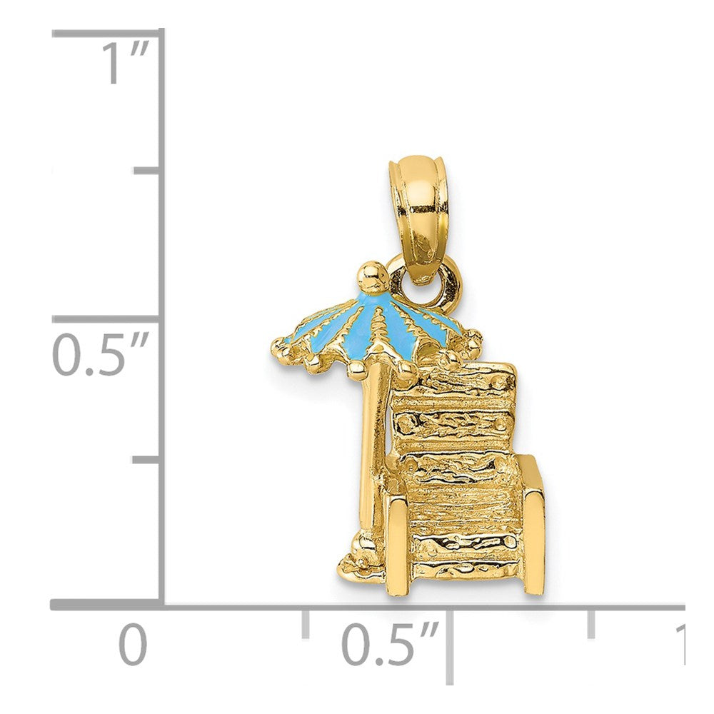 14 Karat Gelbgold 3-D Strandstuhl-Charm mit türkisfarbenem emailliertem Sonnenschirm