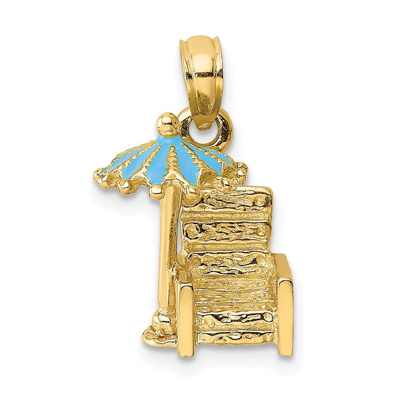 14 Karat Gelbgold 3-D Strandstuhl-Charm mit türkisfarbenem emailliertem Sonnenschirm