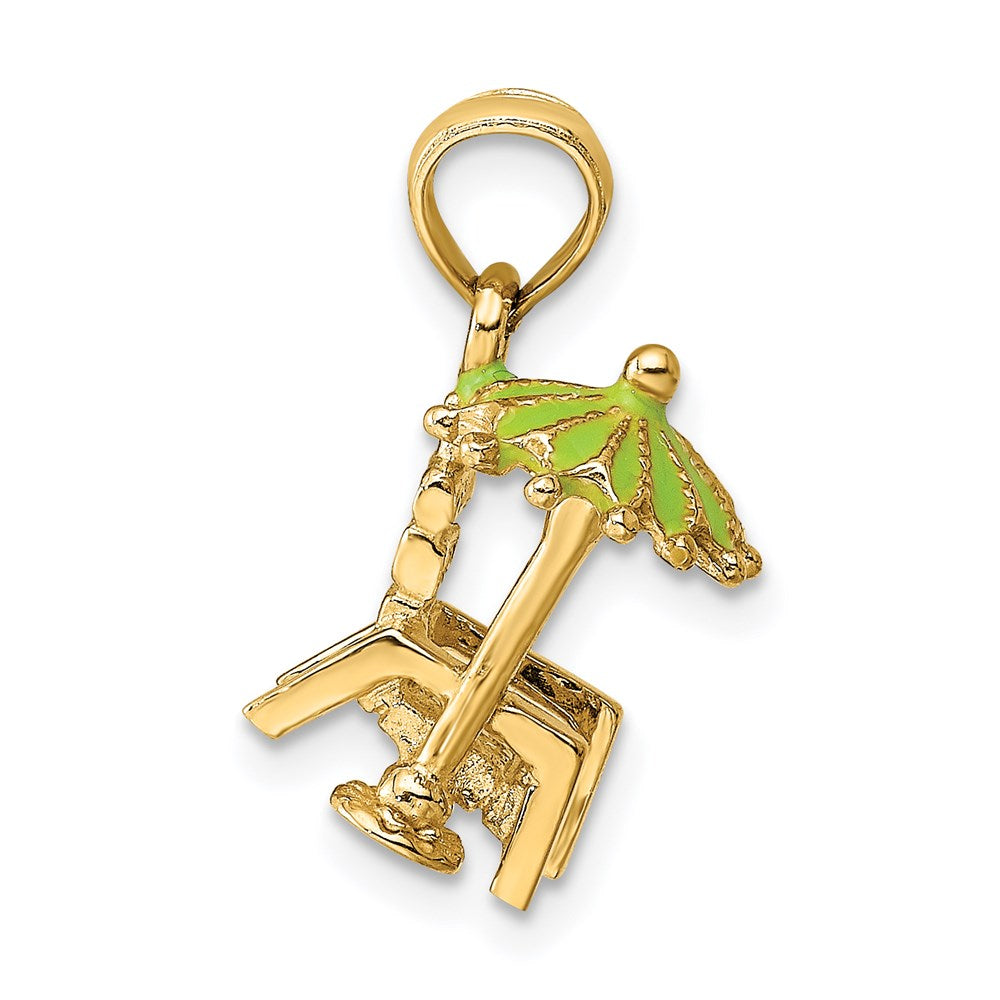 14K Gelbgold 3-D Strandstuhl-Charm mit grün emailliertem Sonnenschirm