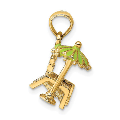 14K Gelbgold 3-D Strandstuhl-Charm mit grün emailliertem Sonnenschirm